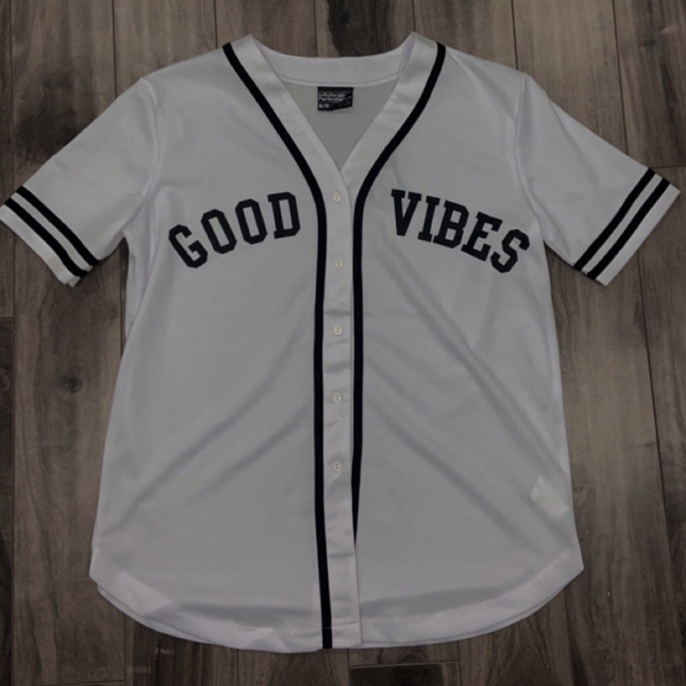 good vibes, black & white baseball jersey